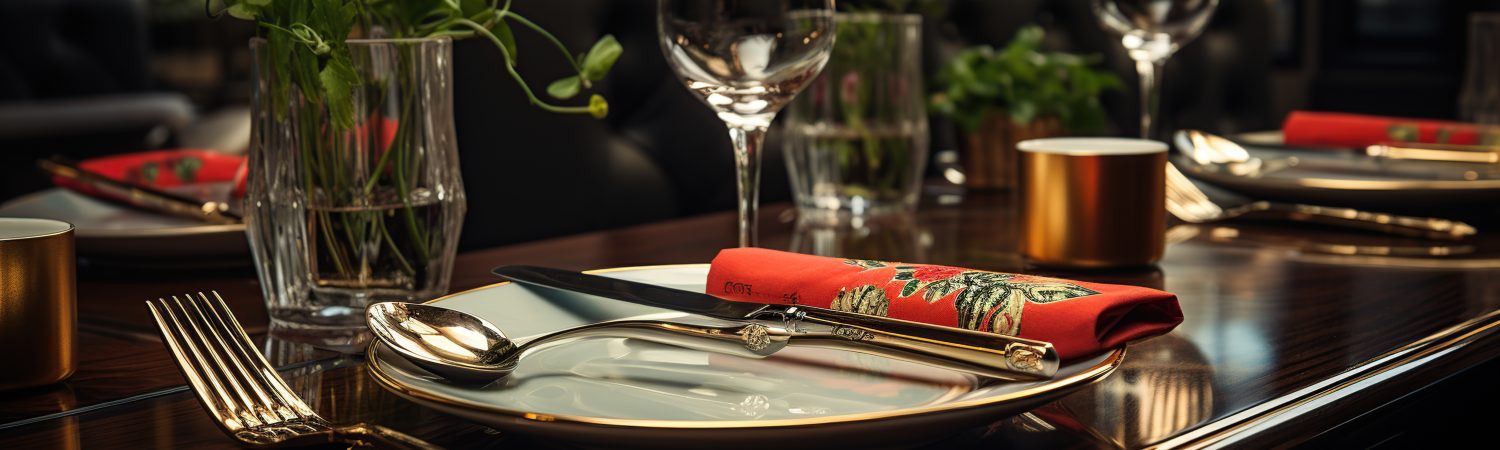 Restaurant table setting with cutlery and crockery